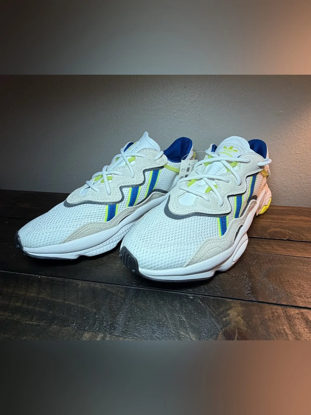 Men’s Adidas White, Blue & Neon Yellow Athletic Sneakers